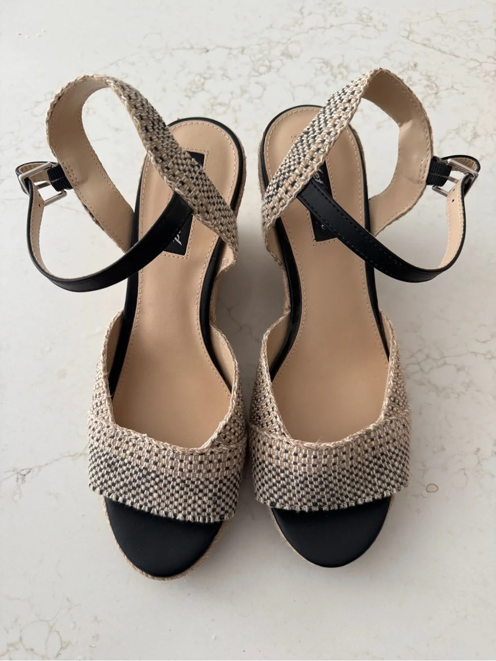 Neutral Woven Wedge Sandals with Black Ankle Straps